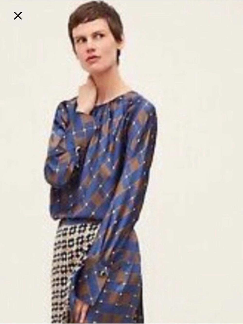 Zara Blue and Brown Plaid Long Sleeve Blouse